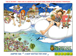 Rule 34 | 00s, 2006, 2girls, 5boys, barefoot, belt, bird, border, city, cloud, color spread, copyright name, cover, cover page, fishing, fishing rod, floating, flower, flower necklace, flying, food, fruit, hat, jewelry, lei, monkey d. luffy, multiple boys, multiple girls, nami (one piece), necklace, nico robin, ocean, oda eiichirou, official art, one piece, palm tree, pineapple, pirate, pool, reindeer, roronoa zoro, sanji (one piece), scenery, seagull, ship, shirt, shorts, sky, sky island, sleeping, straw hat, striped clothes, striped shirt, tony tony chopper, topless, town, tree, usopp, watercraft