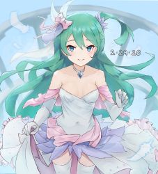 Rule 34 | 1girl, adapted costume, aqua eyes, aqua hair, bow, breasts, choker, collarbone, commentary, covered navel, dated, dragalia lost, dress, elbow gloves, feathers, frilled dress, frills, gloves, hair bow, long hair, looking at viewer, medium breasts, odetta (dragalia lost), pink bow, punished pigeon, smile, solo, strapless, strapless dress, thighhighs, very long hair, watermark, white choker, white dress, white gloves, white thighhighs