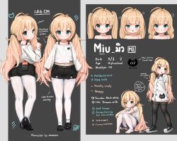 Rule 34 | 1girl, :t, bare shoulders, black footwear, black shorts, black thighhighs, blonde hair, blue eyes, blue skirt, blush, character profile, character sheet, closed mouth, collarbone, commentary, comodomodo, english text, expressions, highres, long hair, long sleeves, midriff peek, miniskirt, miu (comodomodo), multiple views, navel, no shoes, off-shoulder shirt, off shoulder, original, pantyhose, parted lips, pleated skirt, puffy long sleeves, puffy sleeves, shirt, shoes, short shorts, short sleeves, shorts, skirt, sneakers, thighhighs, twintails, very long hair, white pantyhose, white shirt