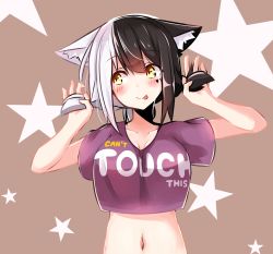 Rule 34 | 1girl, :&gt;, :p, a:n (angrynum), animal ears, bad id, bad pixiv id, black hair, blush, breasts, bunching hair, cat ears, cat girl, cleavage, clothes writing, english text, female focus, highres, large breasts, midriff, multicolored hair, navel, original, seren (angry num), short twintails, simple background, smile, solo, split-color hair, star (symbol), tongue, tongue out, twintails, two-tone hair, white hair, yellow eyes