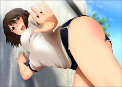Rule 34 | 1girl, against wall, ass, bent over, blush, breasts, brown eyes, brown hair, cloud, female focus, from behind, gym uniform, highres, large breasts, legs, looking back, open mouth, original, shiny skin, shorts, sky, solo, sweat, thighs, yadokari genpachirou