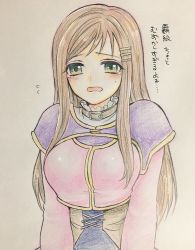 Rule 34 | 1girl, blush, breasts, brown hair, cross-laced clothes, crying, crying with eyes open, green eyes, hair ornament, hairclip, higemaccho, highres, long hair, looking at viewer, medium breasts, open mouth, simple background, solo, sophia esteed, star ocean, star ocean till the end of time, tears