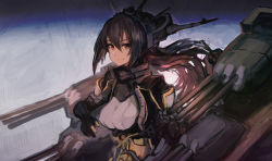 1girl absurdres black_coat black_gloves black_hair breasts coat gloves hair_between_eyes headgear highres kantai_collection large_breasts long_hair long_sleeves looking_at_viewer moor nagato_(kancolle) nagato_kai_ni_(kancolle) partially_fingerless_gloves red_eyes rigging sakuramon smile solo