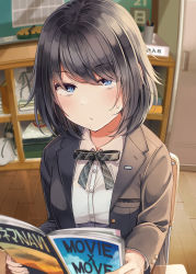 Rule 34 | 1girl, bag, black bow, black hair, black jacket, blazer, blue eyes, blush, bow, breasts, chair, closed mouth, collared shirt, desk, diagonal stripes, dress shirt, hair between eyes, highres, holding, indoors, jacket, looking at viewer, medium breasts, niichi (komorebi-palette), on chair, open clothes, open jacket, original, school chair, school desk, school uniform, shirt, short hair, solo, striped, striped bow, sweat, white shirt, wooden floor