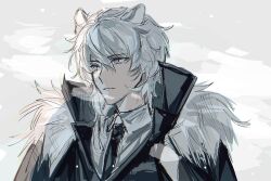 Rule 34 | 1boy, animal ears, arknights, black coat, black necktie, closed mouth, coat, collared shirt, expressionless, fur-trimmed coat, fur trim, grey eyes, high collar, highres, looking ahead, male focus, medium hair, necktie, ojsn 00, shirt, silverash (arknights), simple background, sketch, solo, upper body, white hair, white shirt