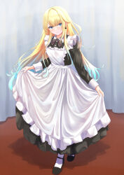 Rule 34 | 1girl, aizawa ema, alternate costume, amaner, apron, black footwear, blonde hair, blue eyes, blue hair, cat earrings, curtains, curtsey, earrings, enmaided, frilled apron, frills, gradient hair, hair flaps, highres, jewelry, long hair, long sleeves, looking at viewer, maid, maid apron, multicolored hair, shoes, skirt hold, solo, standing, very long hair, victorian maid, virtual youtuber, vspo!, white apron