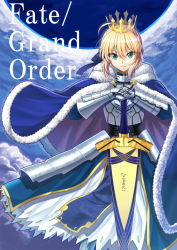 Rule 34 | 1girl, ahoge, armor, armored dress, artoria pendragon (fate), avalon (fate/stay night), blonde hair, blue eyes, bow, cape, commentary request, crown, excalibur (fate/stay night), fate/stay night, fate (series), gauntlets, hair bow, hair ribbon, hands on hilt, looking at viewer, mizunashi hayate, ribbon, saber (fate), smile, solo, sword, weapon, wind