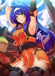 Rule 34 | 1girl, 2boys, armpits, arms up, blue hair, blue sky, closed mouth, cloud, fire emblem, fire emblem: path of radiance, green eyes, hairband, headband, highres, long hair, mia (fire emblem), multiple boys, nintendo, revolverwing, scabbard, sheath, sheathed, sky, smile, solo focus, sword, weapon, white hairband