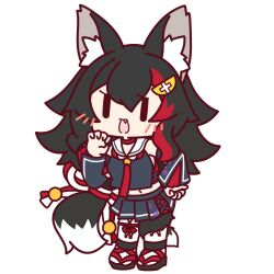 Rule 34 | 1girl, :d, aka shiba, animal ear fluff, animal ears, black hair, chibi, claw pose, detached sleeves, fang, full body, hair ornament, hairclip, hand up, hololive, kouhaku nawa, long hair, midriff, multicolored hair, navel, official art, ookami mio, ookami mio (1st costume), open mouth, red hair, rope, sailor collar, sandals, shimenawa, smile, socks, solo, streaked hair, tail, tail wrap, transparent background, virtual youtuber, white sailor collar, white socks, wolf ears, wolf girl, wolf tail, | |