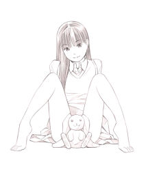 Rule 34 | 1girl, barefoot, long hair, monochrome, original, sketch, skirt, solo, stuffed animal, stuffed rabbit, stuffed toy, sweater vest, traditional media, yoshitomi akihito