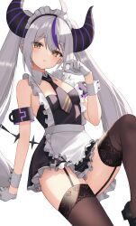 Rule 34 | 1girl, absurdres, ahoge, apron, demon girl, demon horns, frilled apron, frills, garter straps, grey hair, highres, hololive, horns, la+ darknesss, long hair, looking at viewer, maid, maid apron, maid headdress, multicolored hair, necktie, purple hair, simple background, streaked hair, striped horns, tail, thighhighs, thomas 8000, twintails, very long hair, virtual youtuber, white apron