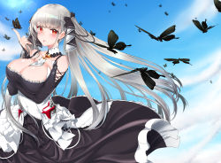 Rule 34 | 1girl, aruto (shake onigiri), azur lane, bare shoulders, between breasts, black dress, blue sky, breasts, bug, butterfly, butterfly on hand, cleavage, day, dress, formidable (azur lane), frilled dress, frills, grey hair, highres, insect, large breasts, long hair, looking at viewer, outdoors, parted lips, platinum blonde hair, red eyes, sky, solo, standing, twintails, two-tone dress, two-tone ribbon, very long hair