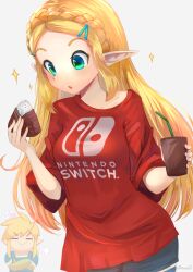 Rule 34 | 1boy, 1girl, :&gt;, = =, aqua eyes, blonde hair, braid, breasts, clothes writing, collarbone, commentary, crown braid, cup, drinking straw, food, grey background, hair ornament, hairclip, holding, holding cup, link, long hair, medium breasts, nintendo, onigiri, open mouth, parted bangs, pointy ears, princess zelda, red shirt, shirt, simple background, solo focus, sparkle, symbol-only commentary, t-shirt, takuyarawr, the legend of zelda, the legend of zelda: breath of the wild