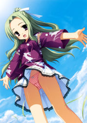 Rule 34 | 1girl, :d, absurdres, beamed quavers, bow, bow panties, green hair, highres, japanese clothes, kobuichi, lace, lace-trimmed skirt, lace trim, looking at viewer, musical note, musical note print, natsuzora kanata, open mouth, outstretched arms, panties, pantyshot, pink panties, polka dot, polka dot panties, purple eyes, quaver, shichijo sasara, shichijou sasara, skirt, smile, solo, spread arms, staff (music), underwear, upskirt, wind, wind lift