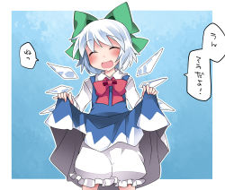 Rule 34 | 1girl, :d, ^ ^, bad id, bad pixiv id, bloomers, blue dress, blue hair, blush, bow, cirno, closed eyes, clothes lift, dress, dress lift, gradient background, hair bow, hammer (sunset beach), ice, ice wings, open mouth, silver hair, smile, solo, touhou, underwear, wings