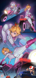 Rule 34 | 1girl, 2boys, absurdres, ass, bent over, biker clothes, biker peach, bikesuit, bodysuit, crown, gloves, hat, helmet, highres, juaag acgy, kicking, looking back, mario, mario (series), mini crown, motor vehicle, motorcycle, multiple boys, multiple views, nintendo, out of frame, parted lips, ponytail, princess peach, red headwear, riding, smile, sunglasses, the super mario bros. movie, thick thighs, thighs, thumbs up, toad (mario), unworn headwear, unworn helmet