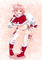 Rule 34 | 10s, 1girl, ahoge, akino sora, boots, breasts, christmas, female focus, fingerless gloves, fur trim, gloves, hair bun, highres, large breasts, leaning forward, looking at viewer, navel, open mouth, panties, pink hair, red eyes, sack, short hair, side-tie panties, side bun, single hair bun, single side bun, smile, solo, thighhighs, thighs, underboob, underwear, v, white thighhighs, yahari ore no seishun lovecome wa machigatteiru., yuigahama yui