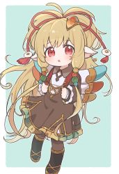 Rule 34 | 1girl, animal ears, backpack, bag, beads, blonde hair, boots, border, brown dress, chibi, collared dress, commentary request, dress, eno (preno gb), frilled dress, frilled sleeves, frills, granblue fantasy, green background, hair beads, hair ornament, hair ribbon, harvin, highres, holding, holding bag, long hair, long sleeves, looking at viewer, mahira (granblue fantasy), official alternate costume, outside border, parted lips, red eyes, red ribbon, ribbon, sidelocks, solo, white border, wings