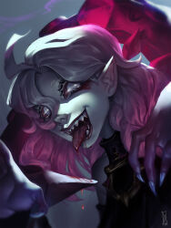 Rule 34 | 1girl, blood, blood from mouth, briar (league of legends), colored sclera, ditahsdoh, fingernails, grey eyes, grey hair, hair between eyes, hands up, highres, league of legends, long hair, looking at viewer, multicolored hair, open mouth, pink hair, pointy ears, red sclera, sharp fingernails, sharp teeth, smile, solo, teeth, tongue, two-tone hair, vampire