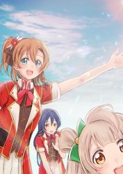 Rule 34 | 3girls, arm up, blue eyes, blue hair, blush, bokura no live kimi to no life, bow, braid, commentary request, grey hair, hair between eyes, hair bow, hair ornament, hand up, highres, kosaka honoka, long hair, looking at viewer, love live!, love live! school idol festival, love live! school idol project, minami kotori, multiple girls, one side up, open mouth, orange hair, short sleeves, smile, sonoda umi, standing, suito, waving, yellow eyes