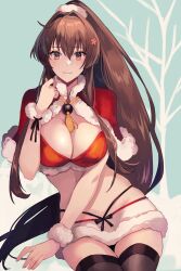 Rule 34 | 1girl, alternate costume, bikini, black thighhighs, breasts, brown eyes, brown hair, capelet, cherry blossoms, cleavage, closed mouth, commentary request, flower, fur-trimmed bikini, fur-trimmed capelet, fur trim, hair between eyes, hair flower, hair ornament, hand up, high ponytail, highres, kantai collection, kasumi (skchkko), large breasts, long hair, looking at viewer, red bikini, red capelet, santa bikini, simple background, smile, solo, swimsuit, thighhighs, very long hair, yamato (kancolle)