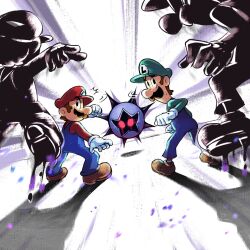 Rule 34 | 1other, 4boys, blue overalls, boots, brothers, brown footwear, brown hair, dark star (mario), facial hair, gloves, glowing, glowing eyes, green headwear, green shirt, hat, highres, looking at another, looking back, luigi, mario, mario &amp; luigi: bowser&#039;s inside story, mario &amp; luigi rpg, mario (series), masanori sato (style), multiple boys, mustache, nintendo, overalls, red eyes, red headwear, red shirt, shirt, short hair, siblings, white gloves, ya mari 6363