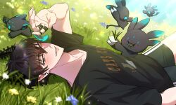 Rule 34 | 1boy, :d, arm up, black hair, black horns, black shirt, black shorts, blue eyes, blue flower, claws, closed eyes, clothes writing, collarbone, commentary, day, ear piercing, earrings, eating, english commentary, fang, flower, grass, hair between eyes, highres, horns, jewelry, looking at viewer, lying, male focus, nijisanji, nijisanji en, on back, on grass, open mouth, outdoors, parted lips, piercing, pointy ears, ren zotto, ring, shirt, short hair, short sleeves, shorts, smile, stretching, sunlight, t-shirt, virtual youtuber, white flower, yawning, yellow flower, yoy (0yyoyy0)