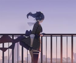 Rule 34 | 1girl, absurdres, ascot, bad id, bad twitter id, beret, blue bow, blue ribbon, bow, building, choker, closed mouth, crown, dokshuri, dress, floating hair, from side, gloves, hair ribbon, hand on railing, hat, highres, hololive, horizon, hoshimachi suisei, hoshimachi suisei (1st costume), long hair, long sleeves, mini crown, partially fingerless gloves, plaid, plaid dress, profile, railing, ribbon, side ponytail, single thighhigh, sky, solo, star (symbol), star bracelet, thigh strap, thighhighs, virtual youtuber, waist bow, wavy hair, wind, wind lift