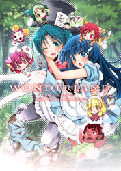 Rule 34 | 2boys, 5girls, :o, ;d, akaooni, alice (alice in wonderland), alice (alice in wonderland) (cosplay), alice in wonderland, animal ears, aoki reika, bare shoulders, blonde hair, blue eyes, blue hair, blush, bow, breasts, candy (smile precure!), carrying, chibi, colored skin, copyright name, cosplay, cover, cover page, crossed legs, green eyes, green hair, hair ornament, hairband, hairclip, hat, heart, hino akane (smile precure!), holding, hood, hoshizora miyuki, kise yayoi, little red riding hood, long hair, mad hatter (alice in wonderland), mad hatter (alice in wonderland) (cosplay), majorina, midorikawa nao, multiple boys, multiple girls, one eye closed, open mouth, pantyhose, pink bow, pink eyes, pink hair, pointy ears, precure, princess carry, queen of hearts (alice in wonderland), queen of hearts (cosplay), rabbit ears, red skin, sitting, smile, smile precure!, speech bubble, tail, takano saku, tiger ears, tiger tail, tongue, top hat, tree, white hairband, white legwear, white rabbit (alice in wonderland), white rabbit (cosplay), wink, wolfrun, yellow eyes, yuri