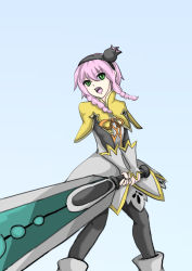 Rule 34 | 1girl, alfa system, blue background, braid, capelet, dress, green eyes, hairband, open mouth, pantyhose, pasca kanonno, pink hair, ribbon, shoes, short hair, sword, tales of (series), tales of the world radiant mythology, weapon
