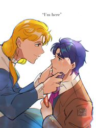 Rule 34 | 1boy, 1girl, 7aizagatha, absurdres, aged down, blonde hair, blue dress, blue eyes, blue hair, comforting, crying, crying with eyes open, dress, english text, erina pendleton, handkerchief, highres, holding, holding handkerchief, jacket, jojo no kimyou na bouken, jonathan joestar, long hair, long sleeves, looking at another, phantom blood, short hair, smile, tears, time paradox, white background, wiping tears