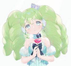 Rule 34 | 1girl, bare shoulders, black bow, blue choker, bow, choker, detached sleeves, expressionless, falulu, flower, frilled choker, frills, green hair, grey eyes, headphones, holding, holding flower, long hair, looking at viewer, machico maki, own hands together, parted lips, pretty series, pripara, puffy detached sleeves, puffy sleeves, red flower, sidelocks, simple background, solo, twintails, upper body, white background