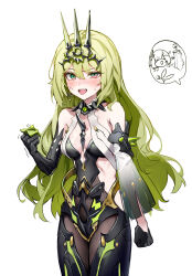 Rule 34 | 1girl, :d, absurdres, anger vein, angry, bare shoulders, bird, black gloves, black tiara, blush, breasts, clenched hands, cowboy shot, crow, curly hair, detached sleeves, elbow gloves, fishnets, gloves, green eyes, grey hair, hair between eyes, hand up, highres, honkai (series), honkai impact 3rd, long hair, looking at viewer, medium breasts, mobius (honkai impact), open mouth, pink eyes, red eyes, sideless outfit, single detached sleeve, single elbow glove, slit pupils, small breasts, smile, solo, soy chicken, teeth, thighs, tiara, trembling, two-tone eyes, upper teeth only, very long hair
