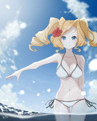 Rule 34 | 1girl, bikini, blonde hair, blue eyes, blue sky, breasts, cloud, cowboy shot, day, drill hair, halterneck, honolulu (kancolle), kantai collection, large breasts, long hair, navel, neve (morris-minicooper), official alternate costume, outdoors, partially submerged, side-tie bikini bottom, sky, solo, standing, string bikini, swimsuit, twin drills, twintails, white bikini