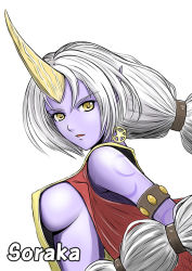 Rule 34 | 1girl, breasts, female focus, horns, league of legends, long hair, looking at viewer, open mouth, sideboob, single horn, solo, soraka (league of legends), tattoo, tonne, white background, white hair, yellow eyes