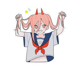 Rule 34 | 1girl, blush stickers, chainsaw man, commentary request, cropped torso, gurukousu, hair between eyes, hand in own hair, highres, horns, navel, official alternate costume, official alternate hairstyle, pink eyes, pink hair, power (chainsaw man), red horns, school uniform, serafuku, single sidelock, smile, solo, star (symbol), twintails, upper body