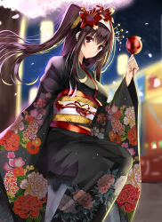 Rule 34 | 1girl, alternate costume, arm at side, asymmetrical hair, black hair, black kimono, blurry, blurry background, blush, breasts, candy apple, closed mouth, festival, floral print, flower, food, gradient hair, hair flower, hair ornament, hair stick, hairband, hibiscus, highres, holding, holding food, japanese clothes, kasumigaoka utaha, kimono, long hair, long sleeves, looking at viewer, medium breasts, multicolored hair, nicky w, night, night sky, obi, one side up, outdoors, petals, purple hair, red eyes, red ribbon, ribbon, rock, saenai heroine no sodatekata, sash, sidelocks, sitting, sky, solo, summer festival, tree, very long hair, white hairband, wide sleeves, yukata