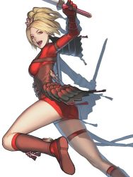 Rule 34 | 1girl, blonde hair, breasts, dual wielding, full body, holding, looking at viewer, natsu (soulcalibur), open mouth, red shorts, sakamoto mineji, shorts, simple background, skin tight, smile, solo, soul calibur, soulcalibur, soulcalibur v, sword, weapon, white background