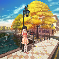 Rule 34 | 1girl, animal, architecture, autumn, autumn leaves, bench, bird, black hair, blue sky, boat, building, canal, car, cellphone, closed eyes, cloud, cloudy sky, commentary request, day, earphones, falling leaves, fence, flag, flock, hand in own hair, hand up, highres, holding, holding phone, jewelry, lamppost, leaf, leaning, leaning on object, listening to music, motor vehicle, necklace, orange shirt, orange skirt, original, ost02, outdoors, park bench, phone, pleated skirt, polka dot, polka dot skirt, red footwear, reflection, road, scenery, shadow, shirt, short hair, sidewalk, skirt, sky, smartphone, solo, standing, street, tile floor, tiles, tree, wake, water, watercraft, wide shot