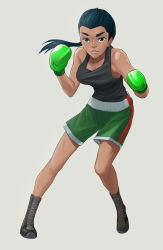 Rule 34 | 1girl, black hair, boots, boxing gloves, breasts, cross-laced footwear, dark-skinned female, dark skin, eyebrows, fighting stance, full body, genderswap, genderswap (mtf), green eyes, grey background, highres, jiffic, lace-up boots, little mac, long hair, nintendo, ponytail, punch-out!!, shorts, simple background, solo, super smash bros., tank top, thick eyebrows