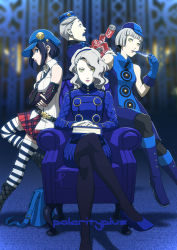 Rule 34 | 1boy, 3girls, armchair, bag, belt, black hair, black legwear, blue eyes, blue gloves, blunt bangs, bob cut, book, boots, breasts, cabbie hat, can, card, chair, coca-cola, crossed arms, crossed legs, curly hair, drink can, elbow gloves, elizabeth (persona), fingerless gloves, fringe trim, gloves, hairband, hat, high heels, long hair, looking at viewer, margaret, margaret (persona), marie (persona 4), miniskirt, multiple girls, necktie, pale skin, pantyhose, persona, persona 3, persona 3 portable, persona 4, persona 4 the golden, plaid, plaid skirt, polarityplus, product placement, short hair, shoulder bag, silver hair, sitting, skirt, small breasts, soda can, striped clothes, striped legwear, striped thighhighs, theodore (persona), thighhighs, watermark, white gloves, yellow eyes, zettai ryouiki
