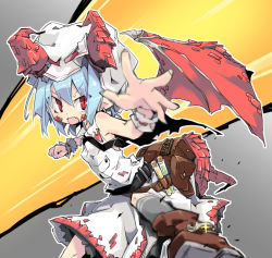 Rule 34 | 1girl, alternate costume, belt, blue hair, boots, clenched hand, commentary request, dragon horns, dragon tail, dragon wings, fang, fanny pack, fighting stance, hair between eyes, hat, horns, mob cap, necktie, noya makoto, open mouth, red eyes, remilia scarlet, scales, short hair, skirt, skirt set, sleeveless, socks, solo, sword world 2.0, tail, touhou, vial, wings, wrist cuffs