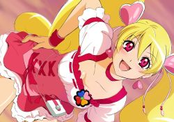 Rule 34 | 1girl, :d, bent over, blonde hair, blurry, blurry background, blush, breasts, choker, cleavage, cloud, cloudy sky, collarbone, cure peach, earrings, eyelashes, floating hair, fresh precure!, fuchi (nightmare), hair between eyes, hair ornament, hand on own hip, heart, heart earrings, heart hair ornament, jewelry, layered skirt, long hair, looking at viewer, medium breasts, miniskirt, open mouth, outdoors, precure, red choker, red eyes, red skirt, shiny skin, shirt, short sleeves, sketch, skirt, sky, smile, solo, twintails, two-tone skirt, underbust, very long hair, white shirt, white skirt