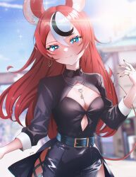 Rule 34 | 1girl, animal ears, black hair, blue eyes, blush, breasts, cleavage, closed mouth, earrings, hair ornament, hakos baelz, highres, hololive, hololive english, jewelry, long hair, looking at viewer, medium breasts, mouse ears, mouse girl, mouse tail, multicolored hair, multiple girls, navel, red hair, sk jynx, smile, solo, streaked hair, tail, virtual youtuber, white hair