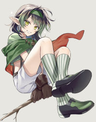 Rule 34 | 1boy, aged down, arms between legs, black hair, commentary request, earrings, elf, full body, gloves, green hair, grey background, hairband, hanabatake chaika, holding, holding stick, hoop earrings, jewelry, kneehighs, looking at viewer, necklace, nijisanji, parted lips, pointy ears, shippaiderman, shorts, simple background, smile, socks, solo, stick, striped clothes, striped socks, teeth, virtual youtuber, yellow eyes