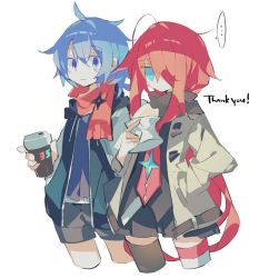 Rule 34 | ..., 2girls, ahoge, blue eyes, blue hair, blush, coffee, coffee cup, cup, disposable cup, hello hello world!, holding, holding cup, katsuragi ichika, long hair, looking at another, meto (metrin), multiple girls, pink hair, scarf, sketch, sugawara rin, thank you, thighhighs, very long hair, white background