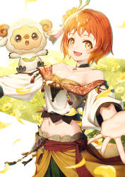 Rule 34 | 1girl, :d, :o, bare shoulders, breasts, brown eyes, brown hair, cleavage, day, flower, hair ornament, highres, horns, midriff, navel, off-shoulder shirt, off shoulder, open mouth, original, outdoors, petals, shirt, sho (sumika), small breasts, smile, standing, yellow flower