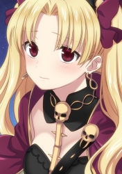Rule 34 | 1girl, blonde hair, blush, bow, breasts, cape, closed mouth, commentary request, detached collar, earrings, ereshkigal (fate), fate/grand order, fate (series), gold trim, hair bow, irino, jewelry, long hair, looking at viewer, parted bangs, red bow, red cape, red eyes, skull, small breasts, solo, spine, two side up, upper body