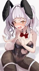 Rule 34 | animal ears, bare shoulders, black leotard, black pantyhose, blush, bow, bowtie, clothing cutout, fake animal ears, heart cutout, highres, hololive, kote11272424, leotard, murasaki shion, pantyhose, playboy bunny, rabbit ears, rabbit tail, red bow, red bowtie, tail, thigh strap, twintails, virtual youtuber, white hair