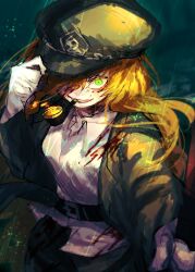 Rule 34 | 1girl, belt, collared shirt, commentary request, fire, gloves, green eyes, green jacket, hair over one eye, hat, highres, ishmael (project moon), jacket, limbus company, long hair, military hat, military uniform, ocean, orange hair, peaked cap, pmchell 04, project moon, rain, shirt, smoking, smoking pipe, solo, storm, uniform, wavy hair, white gloves, white shirt